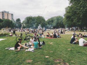 Panorama of people having picnics in a park